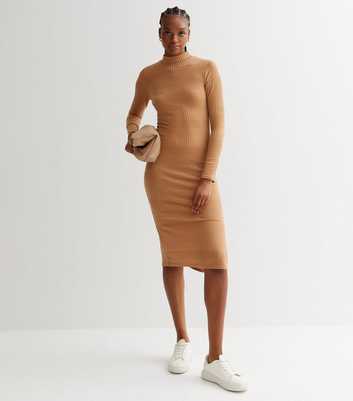 Tall Camel Jersey High Neck Long Sleeve Midi Dress