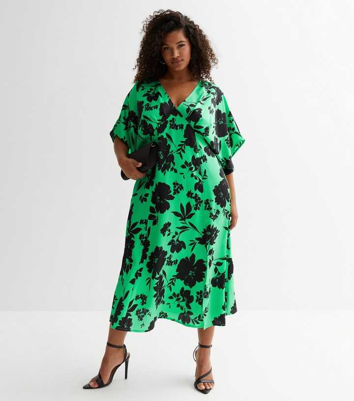 Curves Green Floral Satin Kimono Midi Dress | New Look