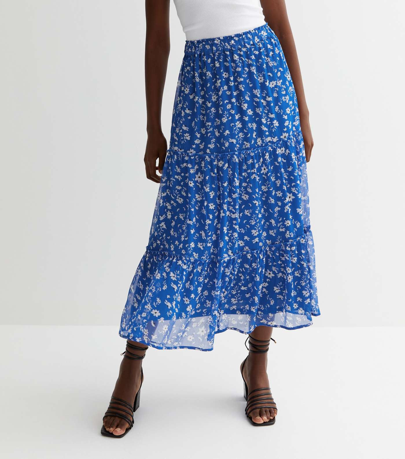 Tall Blue Ditsy Floral Chiffon Frill Tiered Midi Skirt Image 2