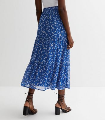 Tall Blue Ditsy Floral Chiffon Frill Tiered Midi Skirt | New