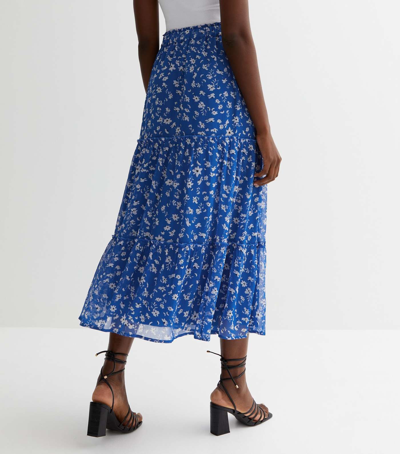 Tall Blue Ditsy Floral Chiffon Frill Tiered Midi Skirt Image 4