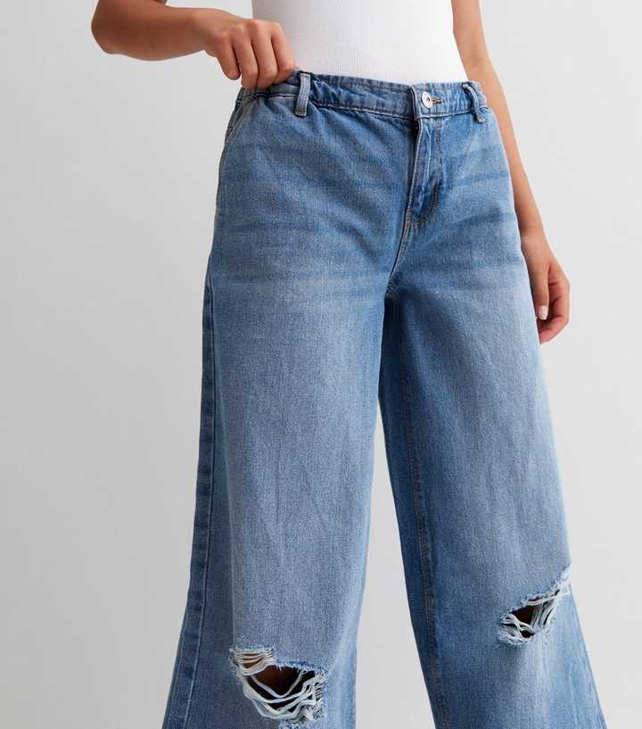 Kids Girls Ripped Jeans Elastic Waist Straight Leg Denim Pants Baggy  Trousers