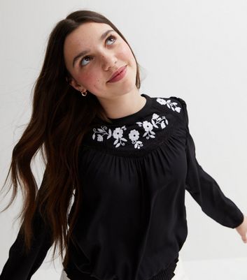 KIDS ONLY Black Floral Embroidered Lace Shirred Blouse New Look