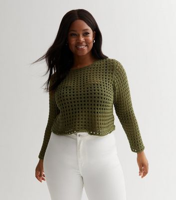 Curves Olive Open Knit Boxy Jumper New Look