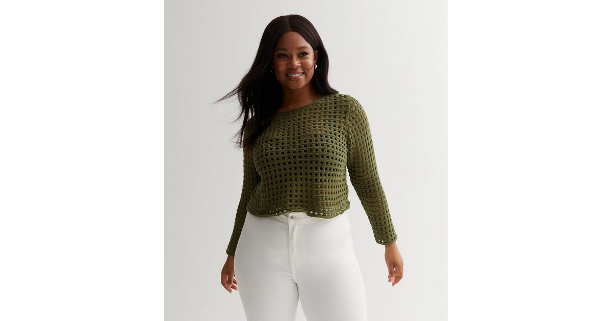 Curves Olive Open Knit Boxy Jumper | New Look