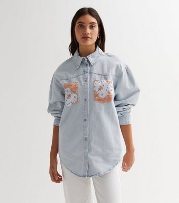 ONLY Pale Blue Denim Front and Back Paisley Patch Shirt New Look