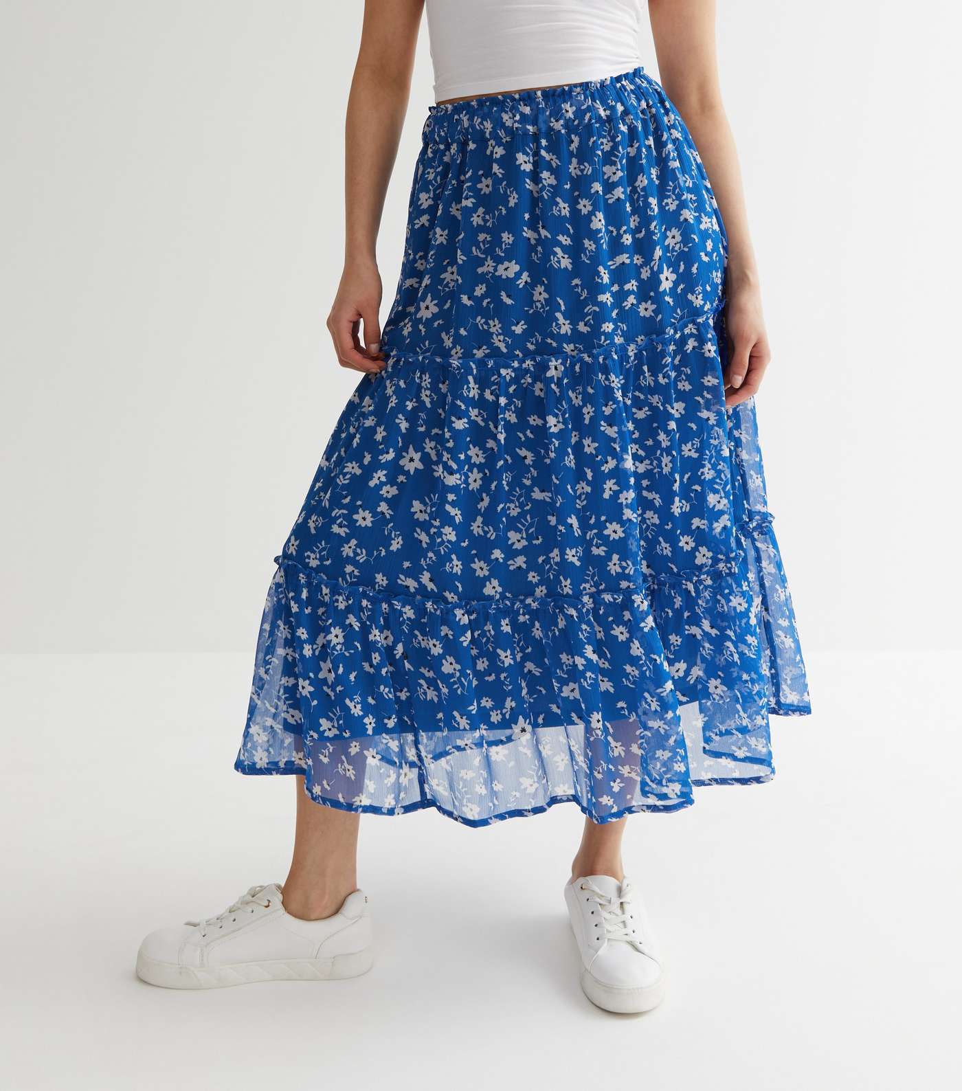 Petite Blue Ditsy Floral Chiffon Tiered Midi Skirt Image 2