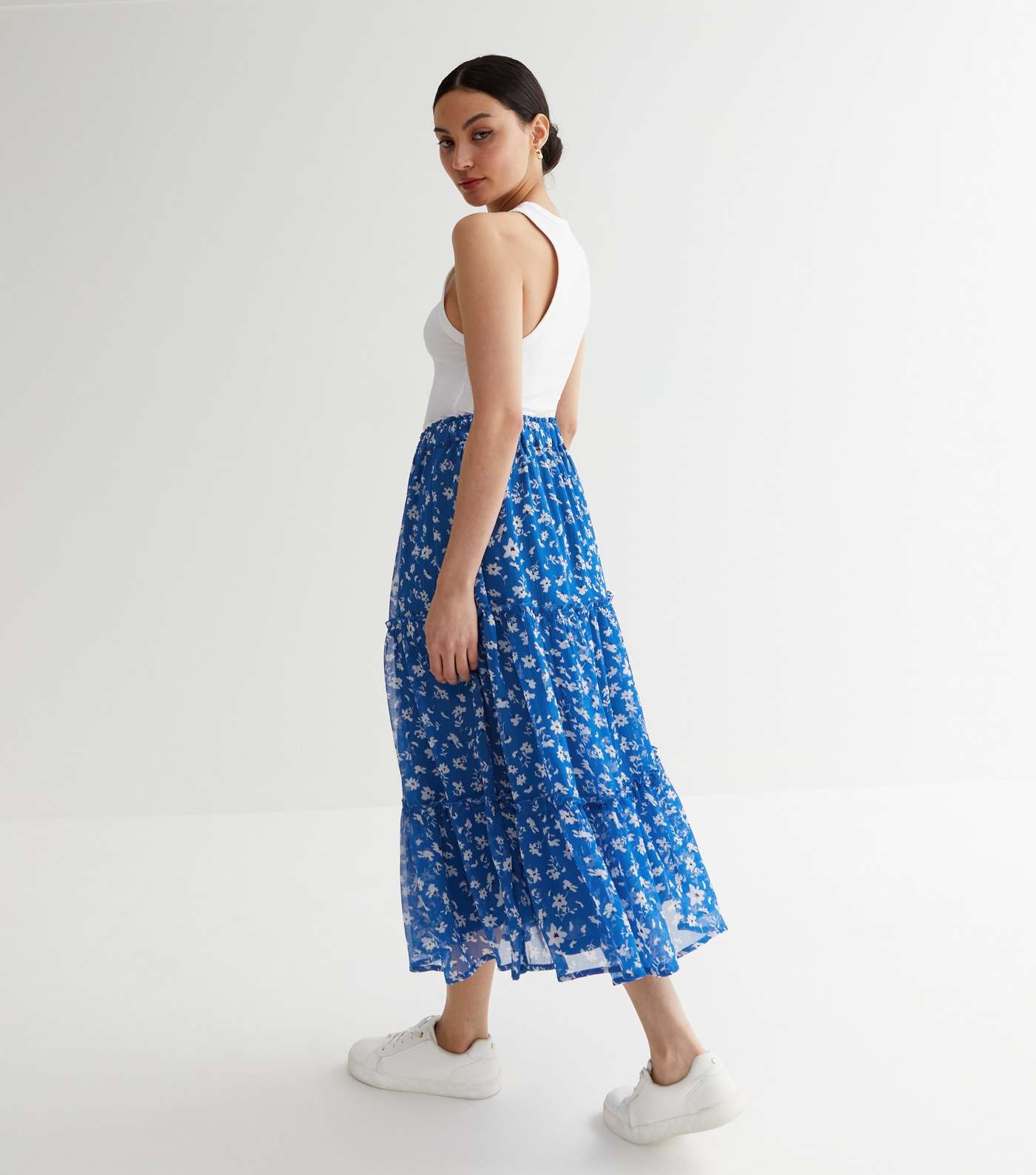 Petite Blue Ditsy Floral Chiffon Tiered Midi Skirt Image 4