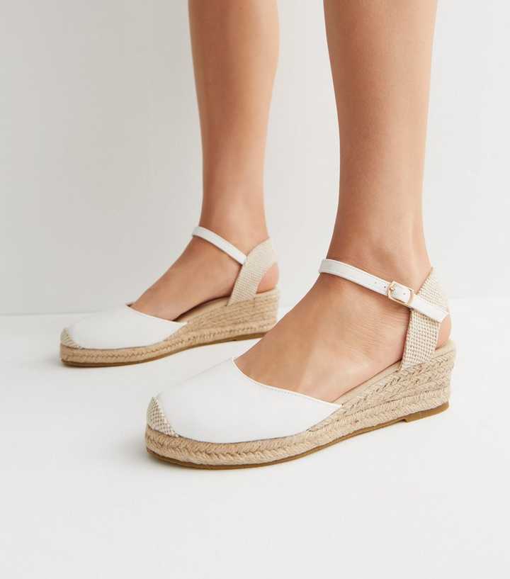 White Closed Toe Espadrille Wedge Heel Sandals