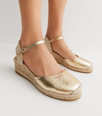 Gold Closed Toe Espadrille Wedge Heel Sandals New Look