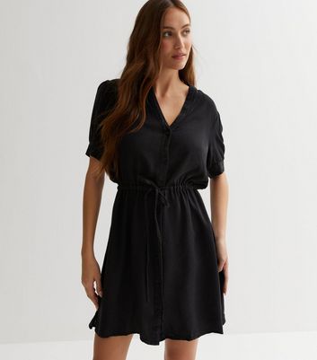 Black Denim-Look Drawstring Mini Shirt Dress
