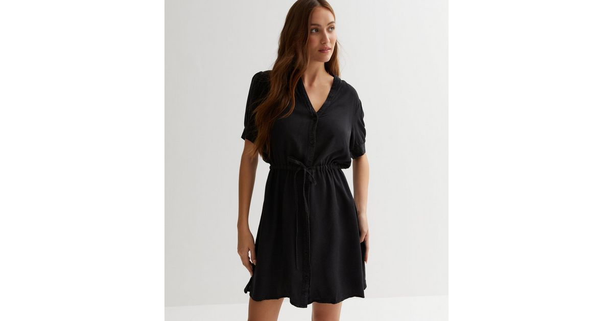 Black Denim-Look Drawstring Mini Shirt Dress | New Look