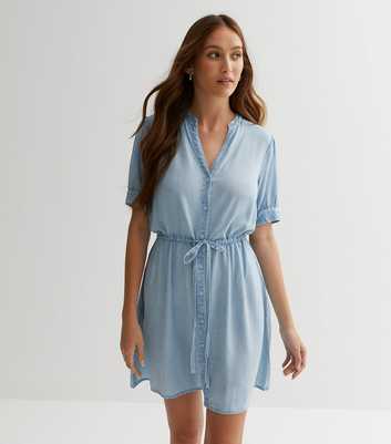Blue Denim-Look Drawstring Mini Shirt Dress