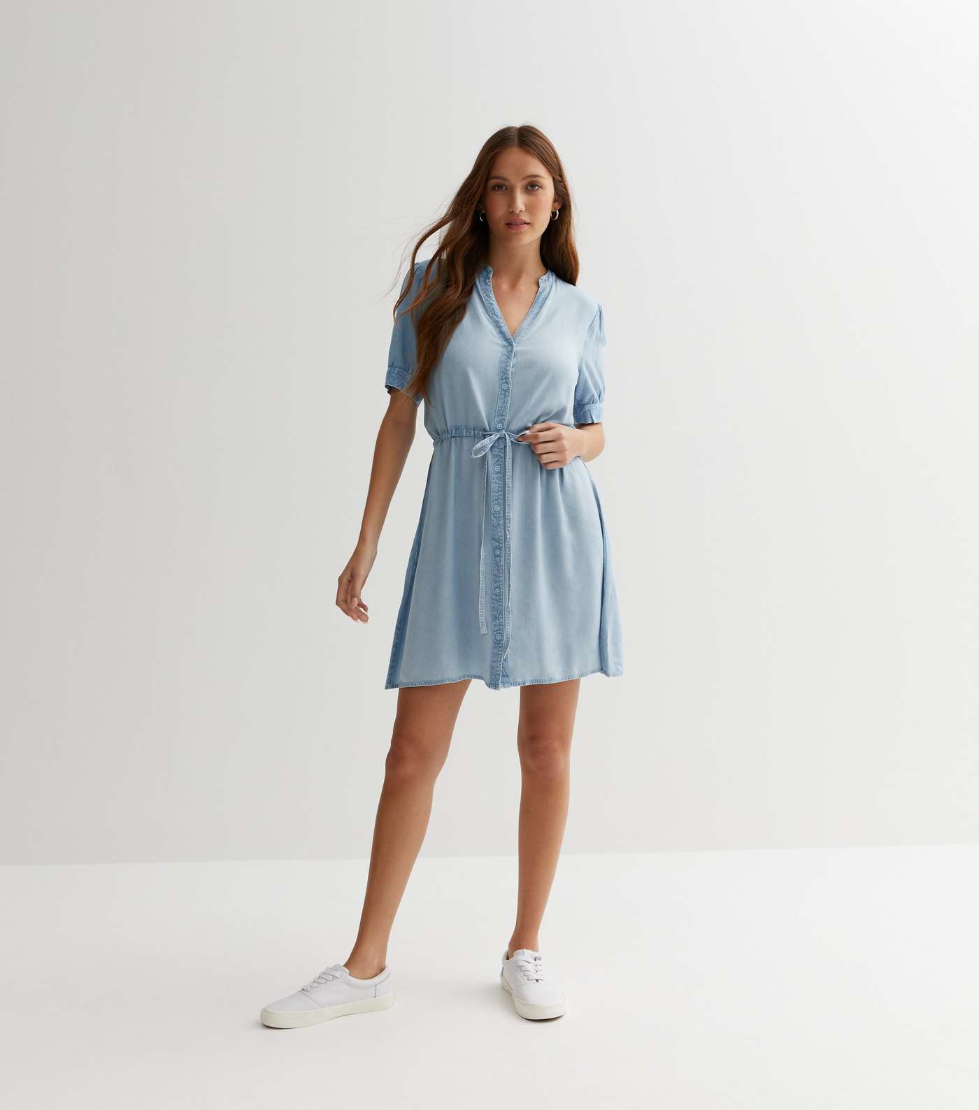 Blue Denim-Look Drawstring Mini Shirt Dress Image 3