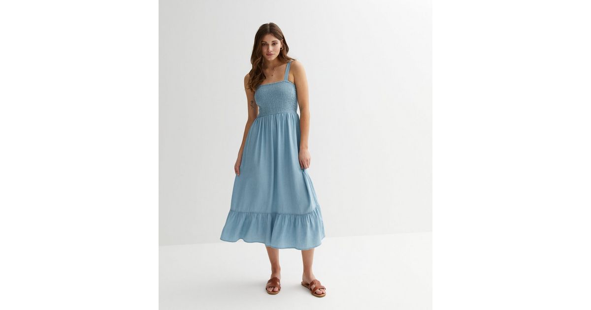 Blue Denim Shirred Tiered Midi Dress | New Look