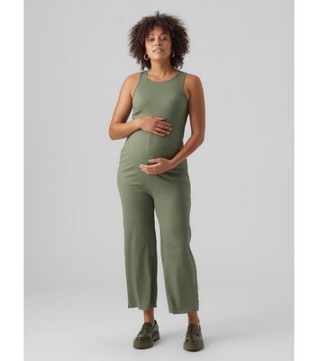 Mamalicious Maternity Olive Ribbed Wide Leg Jumpsuit New Look