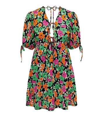 ONLY Multicoloured Floral Crinkle Tie Front Mini Dress New Look