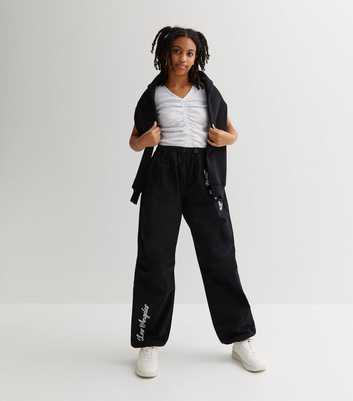 Girls Black Butterfly Los Angeles Logo Parachute Trousers