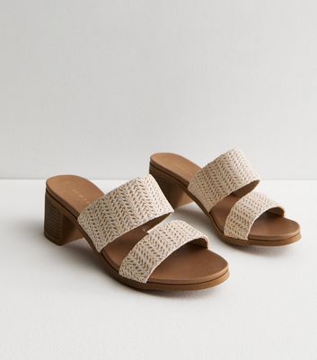 Off White Raffia Mid Block Heel Mule Sandals