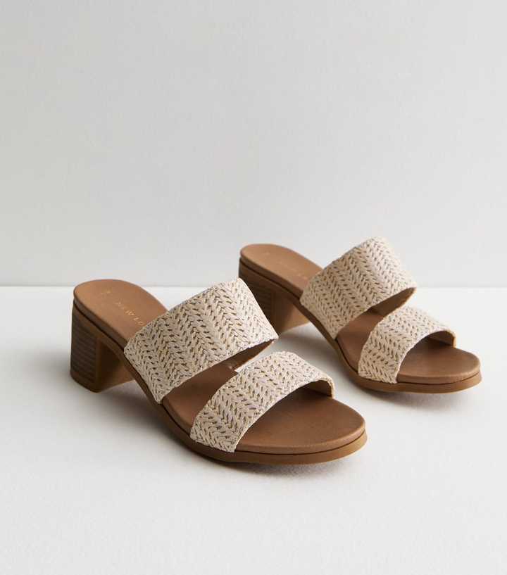 Off White Raffia Mid Block Heel Mule Sandals | Look