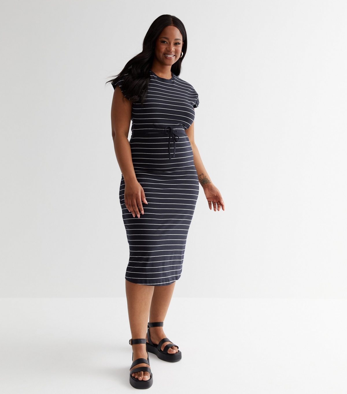 Women's Navy Stripe Jersey Drawstring Midi Dress ONLY New Look