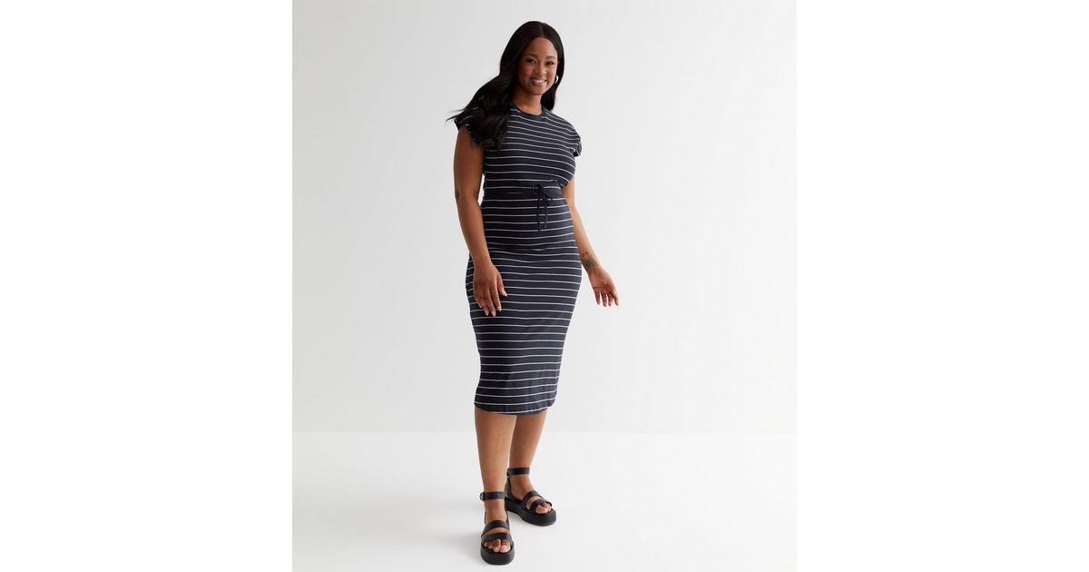knee length dresses for ladies Threadbare Women's Navy Stripe Crew Neck Jersey Midi Dress with Patch  Pockets main image 1