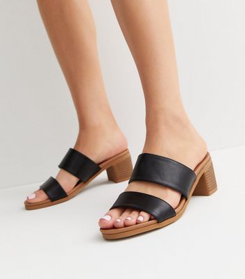 Black Leather-Look Double Strap Mid Block Heel Sandals New Look Vegan