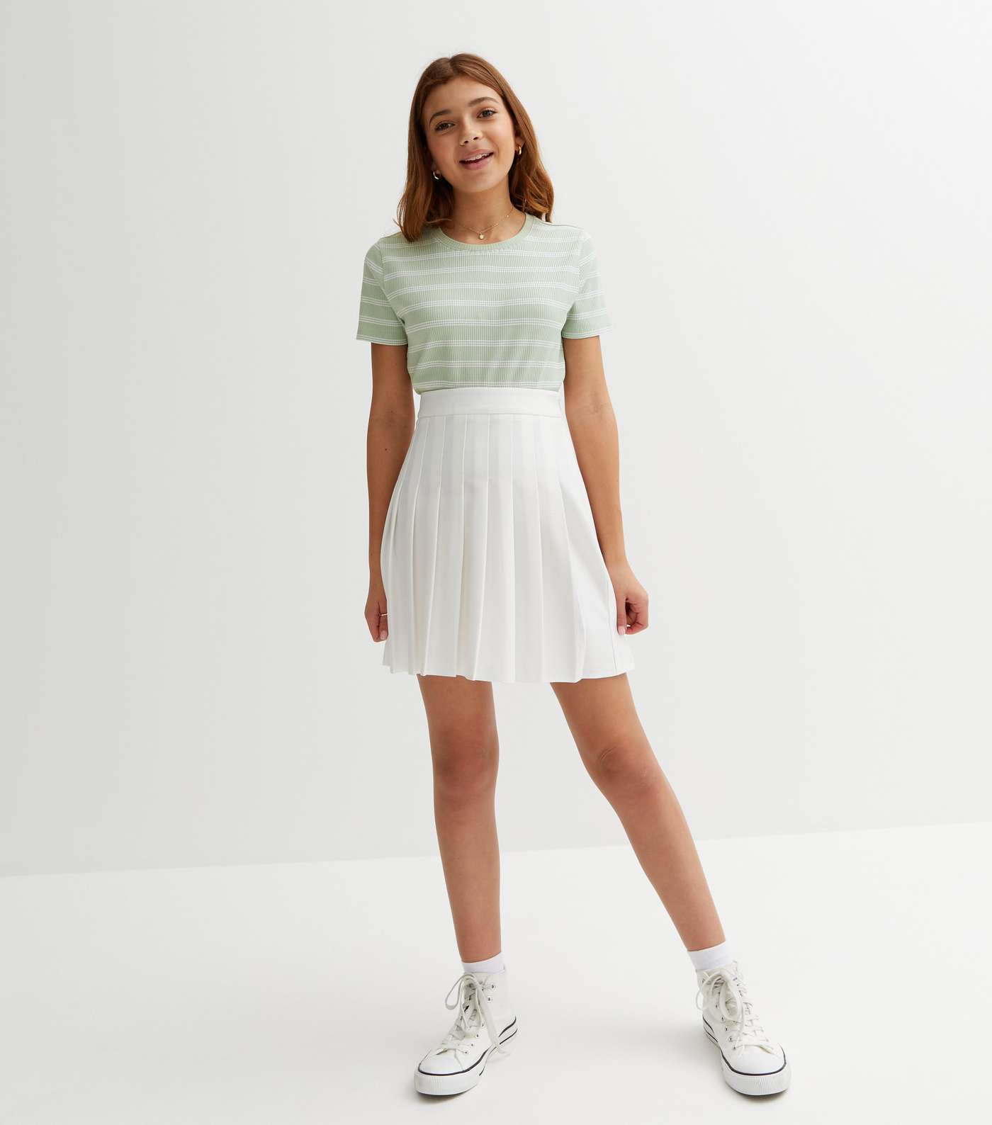 Girls Green Stripe Ribbed Short Sleeve T-Shirt Image 2