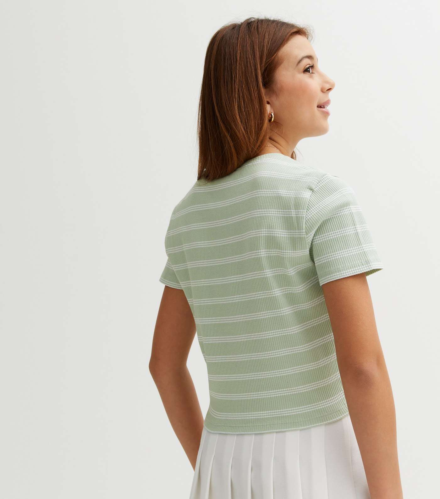 Girls Green Stripe Ribbed Short Sleeve T-Shirt Image 4