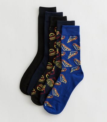 Men's Jack & Jones 5 Pack Black and Blue Fast Food Socks New Look