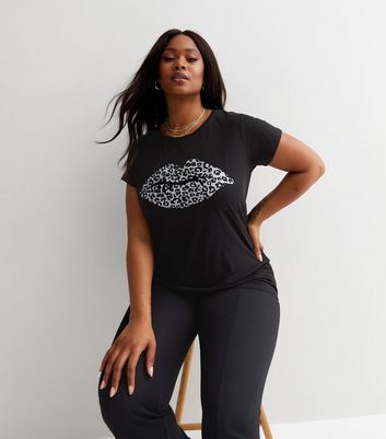 Curves Black Leopard Print Glitter Lips Logo T-Shirt