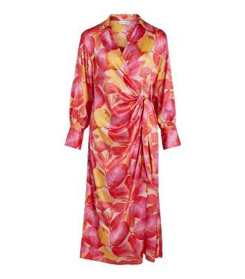 VILA Pink Leaf Satin Midi Wrap Shirt Dress