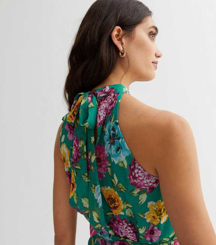 VILA Green Floral Halter Tie Waist Midi Dress | New Look VILA Green Floral Halter Tie Waist Midi Dress | New Look