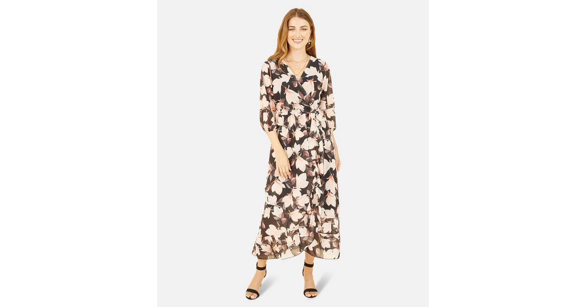 Yumi Black Floral Chiffon Frill Midi Wrap Dress | New Look