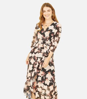 Yumi Black Floral Chiffon Frill Midi Wrap Dress | New Look