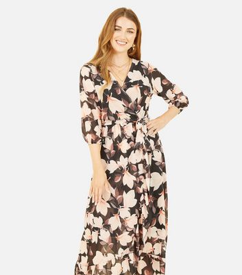 Yumi Black Floral Chiffon Frill Midi Wrap Dress | New Look