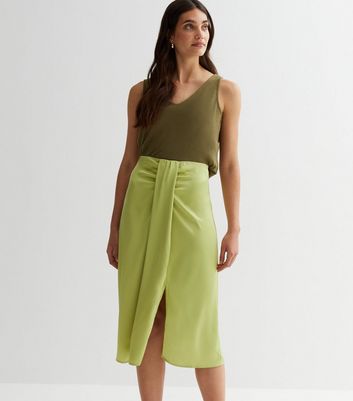 VILA Green Ruched Midi Skirt New Look