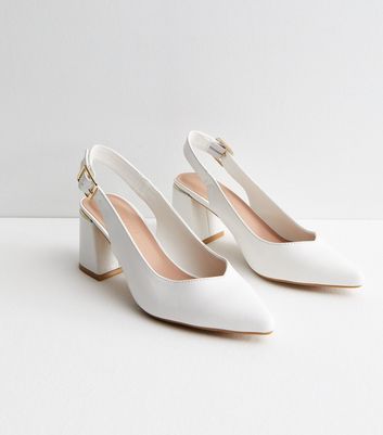 White Leather-Look Slingback Mid Block Heel Court Shoes | New Look