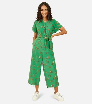 Yumi Green Leopard Print Short Sleeve Tie Waist Jumpsuit