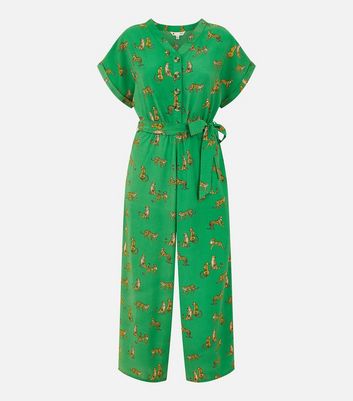 Yumi Green Leopard Print Short Sleeve Tie Waist Jumpsuit | New Look