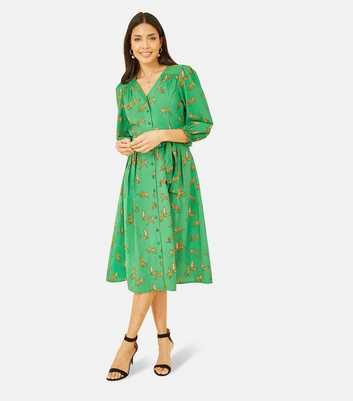 Yumi Green Leopard Print V Neck Puff Sleeve Tie Waist Midi Dress