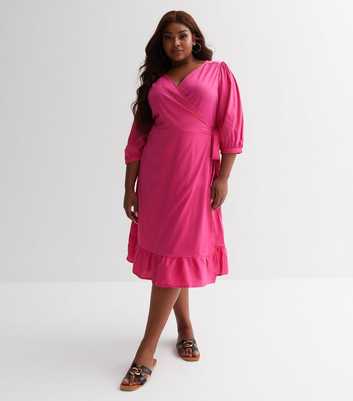 ONLY Curves Mid Pink Puff Sleeve Midi Wrap Dress