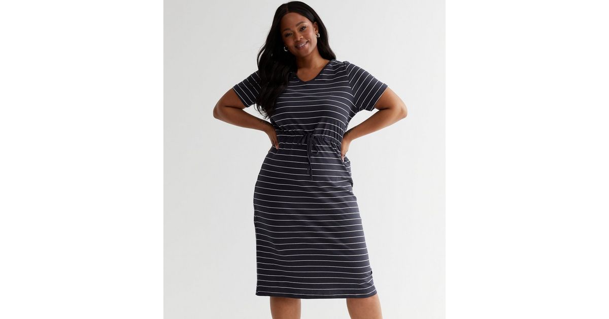 ONLY Curves Navy Stripe Jersey Drawstring Midi Dress New Look