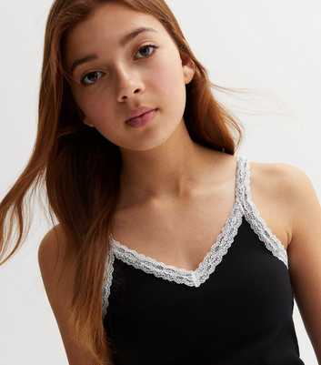 Girls Black Ribbed Jersey Lace Trim Cami