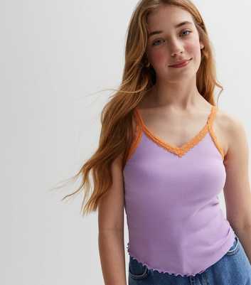 Girls Lilac Ribbed Jersey Lace Trim Cami