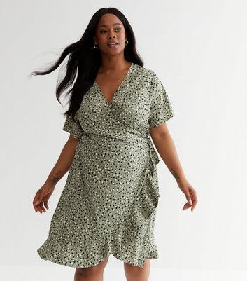 ONLY Curves Green Animal Print Frill Mini Wrap Dress