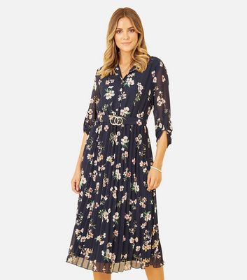 Mela Navy Floral Belted Midi Shirt Dress New Look