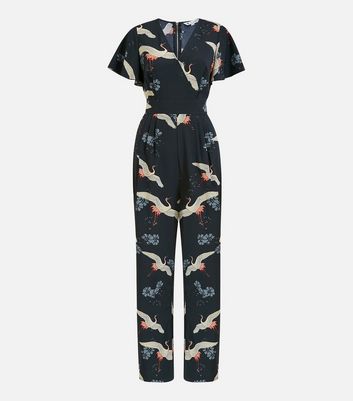 Yumi Black Crane Print Belted Wide Leg Wrap Jumpsuit New Look