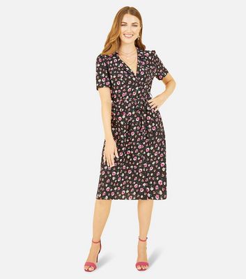Yumi Black Floral Tie Waist Midi Shirt Dress | New Look