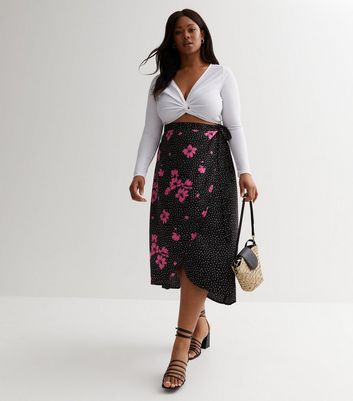 Curves Black Floral Spot Midi Wrap Skirt New Look